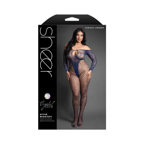 Fantasy Lingerie Sheer Crystal Club After Midnight Off-The-Shoulder Long Sleeve Bodystocking O/S