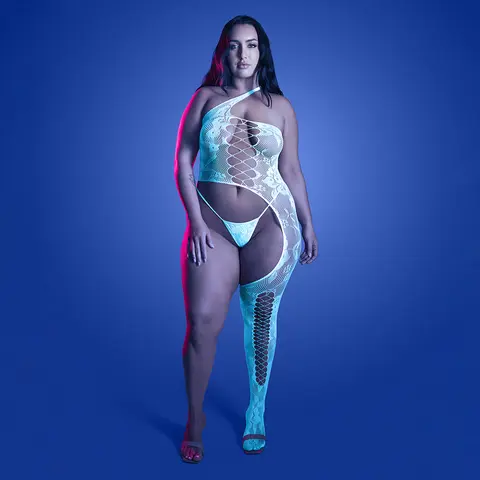 Fantasy Lingerie Glow Lights Get Low Floral Knit Asymmetrical Bodystocking & Panty O/S in Glow in the Dark