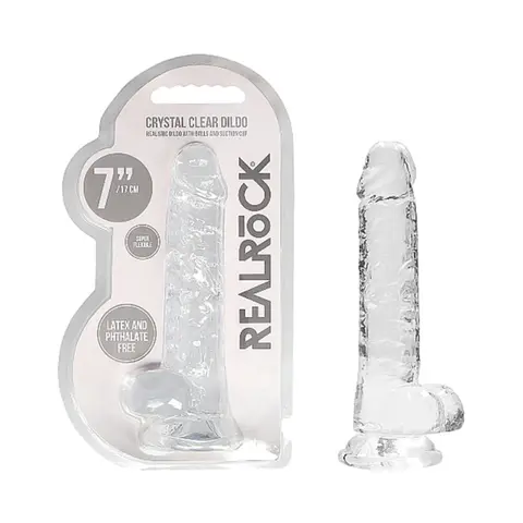 RealRock Crystal Clear Realistic 7 in. Dildo With Balls and Suction Cup in Clear
