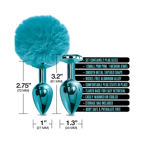 NIXIE Metal Butt Plug Set Pom Pom and Jewel-Inlaid Metallic in Blue