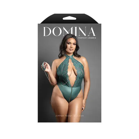 Fantasy Lingerie Domina Keyhole Halter Teddy with Detachable Chain-Link Leash Pine Green S/M