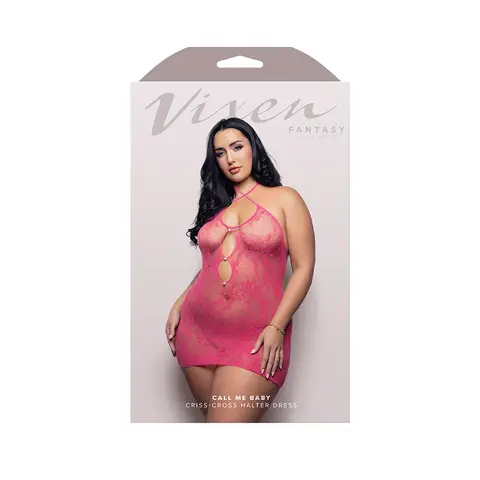 Fantasy Lingerie Vixen Call Me Baby Criss-Cross Halter Tie Dress with Pearl Details Hot Pink O/S