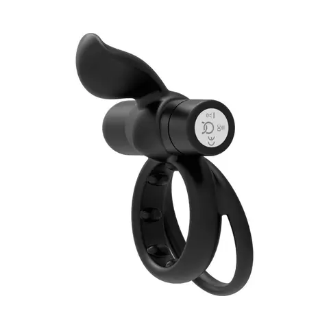 Forto Pointer Rechargeable Silicone Vibrating Dual Cockring with External Stimulator in Black