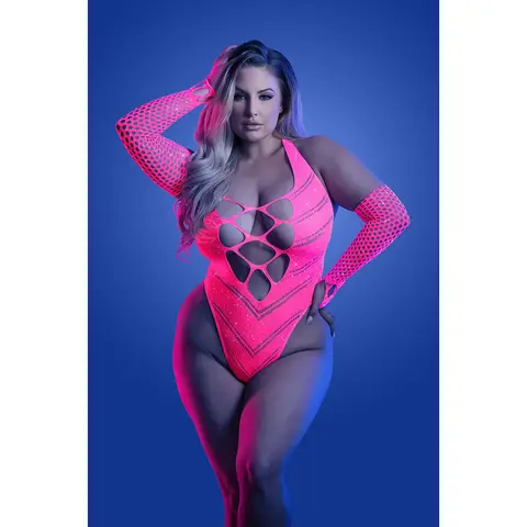 Fantasy Lingerie Glow Flashback UV Reactive Rhinestone Fishnet Teddy & Gloves/Warmers O/S in Glow in the Dark