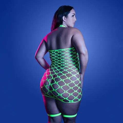 Fantasy Lingerie Glow Warning Sign Gartered Dress Rhinestone Fence Net Queen Size