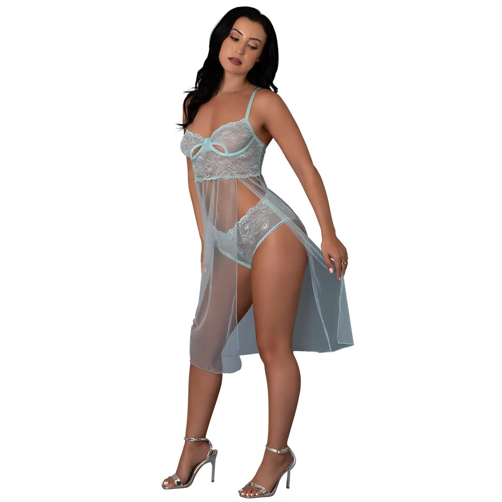 Magic Silk Blue Sky Long Chemise & Boy Short Panty Blue S/M