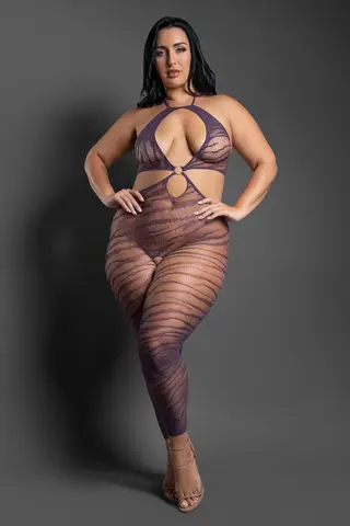 Fantasy Lingerie Sheer Set Me Free Footless Open-Crotch Halter Bodystocking Dark Purple O/S