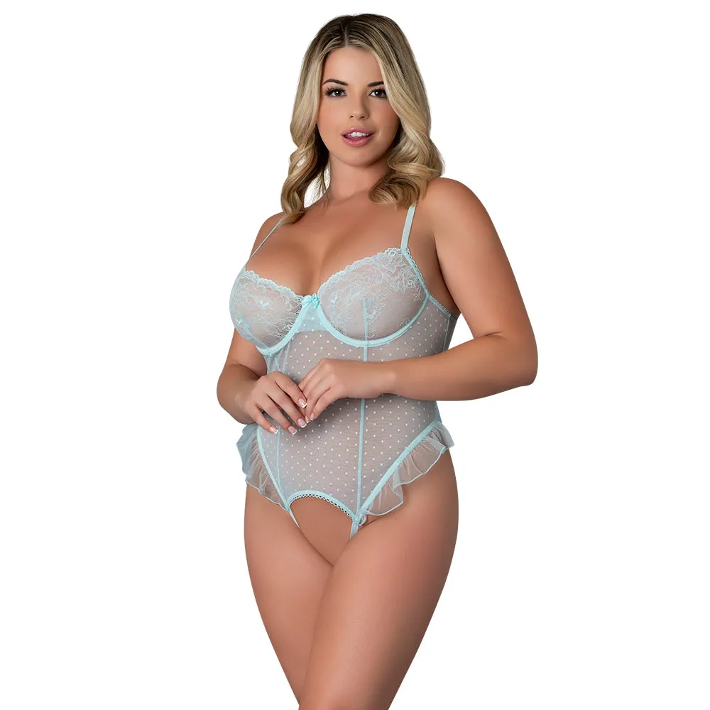 Magic Silk Blue Sky Ruffled Crotchless Playsuit Blue Queen Size