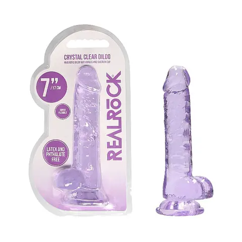 RealRock Crystal Clear Realistic 7 in. Dildo With Balls and Suction Cup in Purple