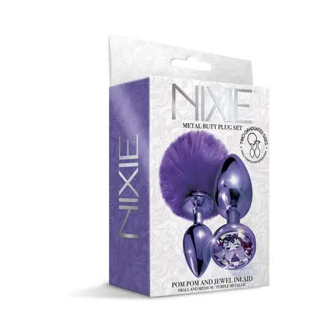 NIXIE Metal Butt Plug Set Pom Pom and Jewel-Inlaid Metallic in Purple