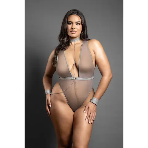 Fantasy Lingerie Domina Crotchless Plunge Teddy with Chain-Link Choker & Detachable Cuffs Gray M/L