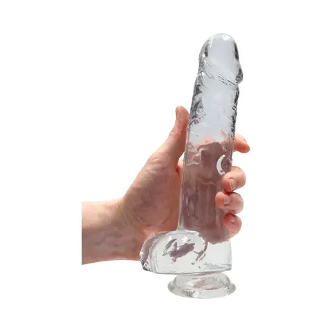 RealRock Crystal Clear Realistic 9 in. Dildo With Balls and Suction Cup in Clear