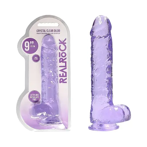 RealRock Crystal Clear Realistic 9 in. Dildo With Balls and Suction Cup in Purple
