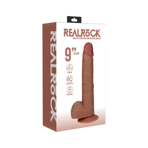 RealRock 9 in. Vibrating Cock with Balls Regular Straight in Tan
