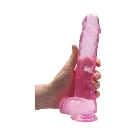 RealRock Crystal Clear Realistic 9 in. Dildo With Balls and Suction Cup in Pink