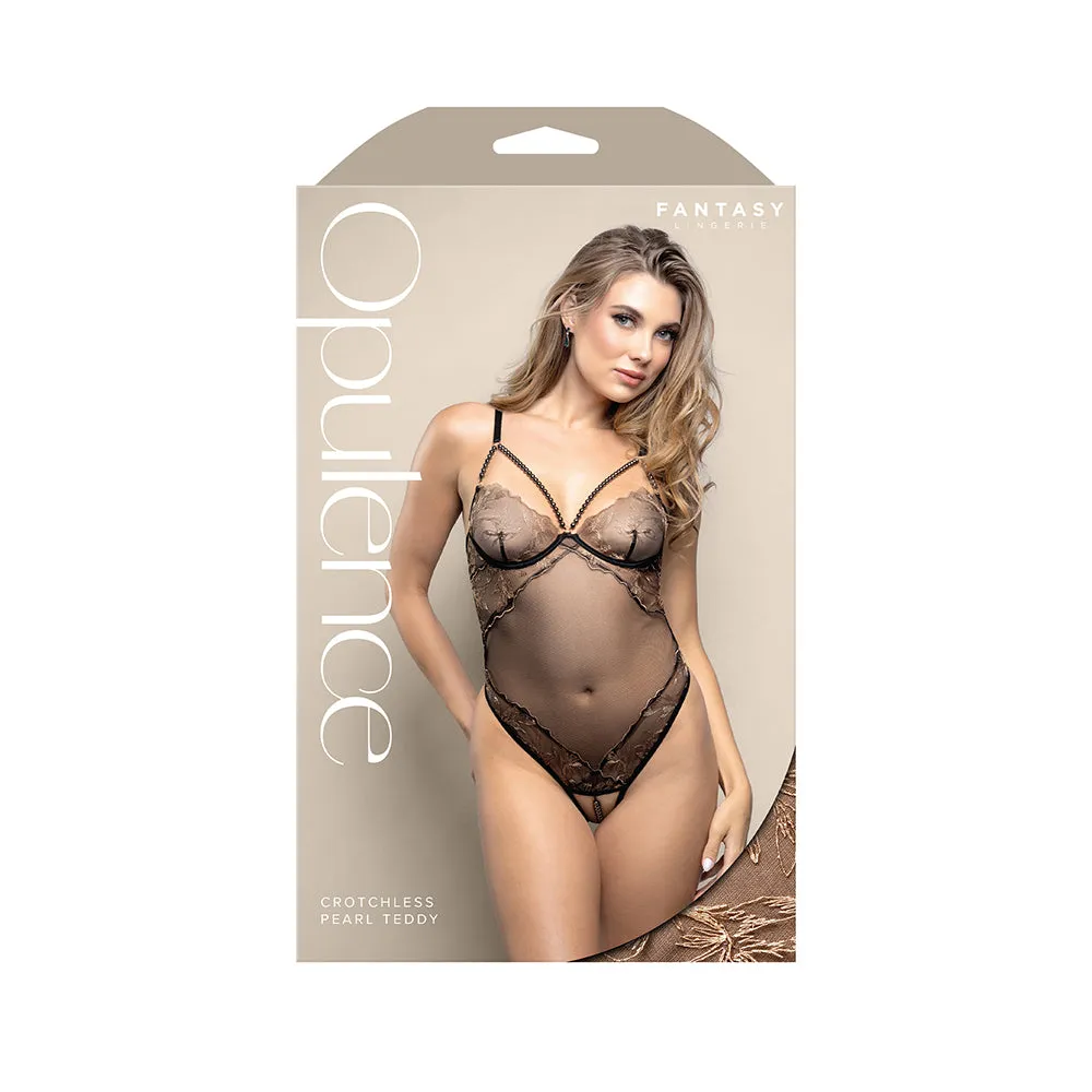 Fantasy Lingerie Opulence Crotchless Pearl Cage Neckline Teddy with Adjustable Pearl G-String Black S/M in Black