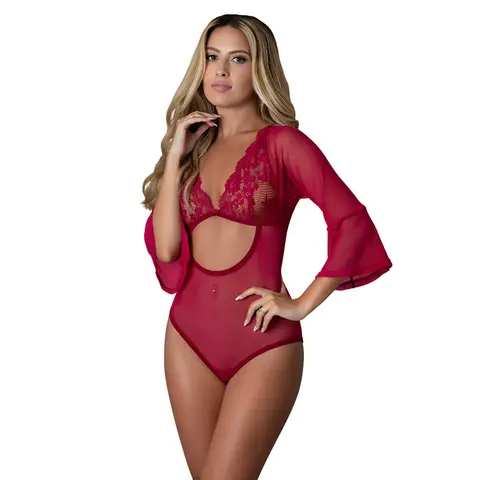 Magic Silk Black Cherry 3/4 Sleeve Playsuit Cherry S/M