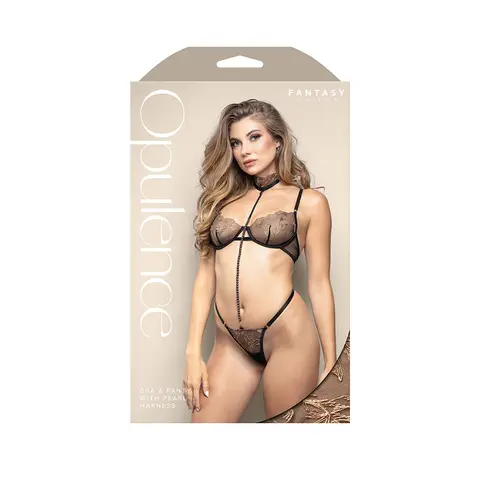 Fantasy Lingerie Opulence Underwire Bra & G-String with Removable Adjustable Pearl String Harness Black S/M in Black