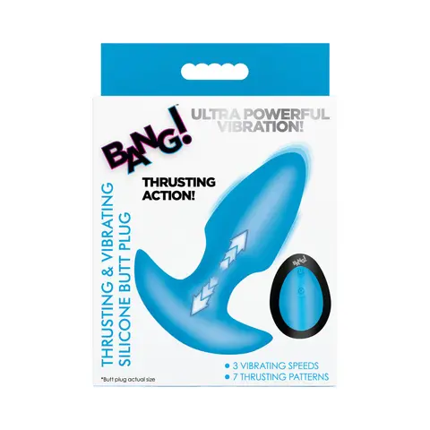 BANG! Thrusting & Vibrating Silicone Butt Plug in Blue