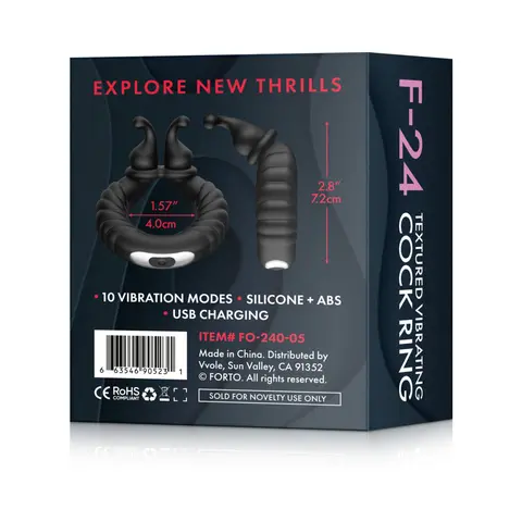 Forto F-24 Rechargeable Silicone Textured Vibrating Cockring in Black