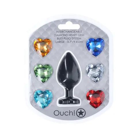 Ouch! Large Heart Diamond Butt Plug 6 Jewels Black