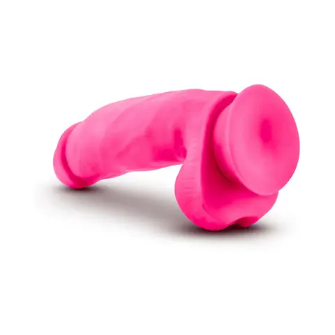 Neo Elite 7 in. Silicone Dual Density Dildo with Balls Neon in Pink
