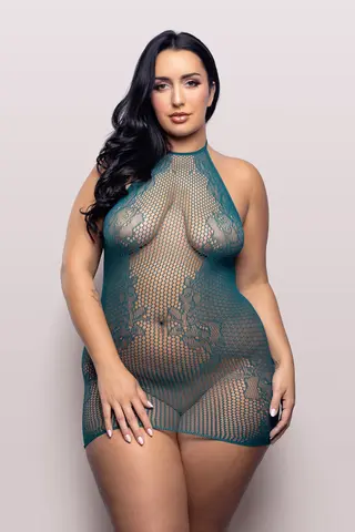 Fantasy Lingerie Vixen Masterpiece Halter Tie Dress Dark Teal Queen Size