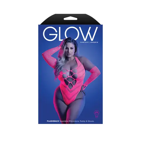 Fantasy Lingerie Glow Flashback UV Reactive Rhinestone Fishnet Teddy & Gloves/Warmers O/S in Glow in the Dark