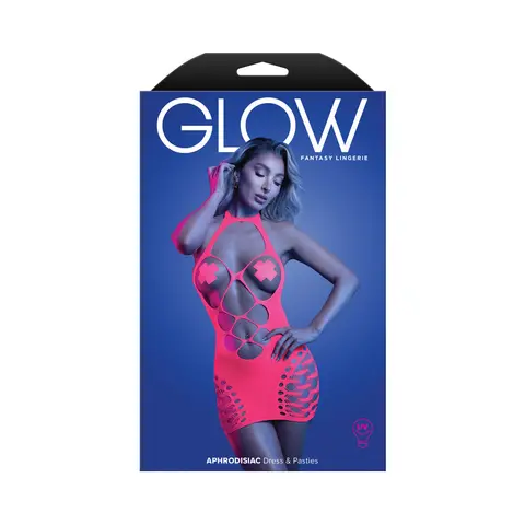 Fantasy Lingerie Glow Aphrodisiac UV Reactive Open Bodice Halter Dress & Pasties Queen Size in Glow in the Dark