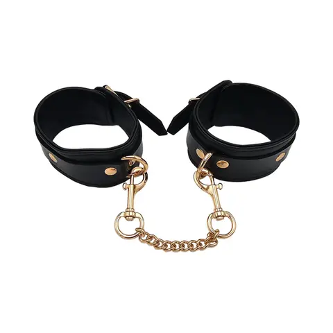 Rouge Leather Plain Wrist Cuffs Black with Gold Accessories