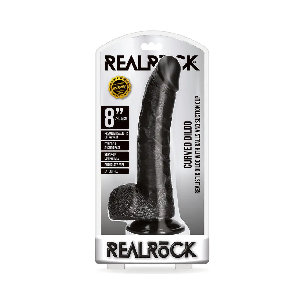 RealRock Realistic 8 in. Curved Dildo With Balls and Suction Cup in Black