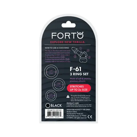 Forto F-61 3-Piece Silicone Cockring Set in Black