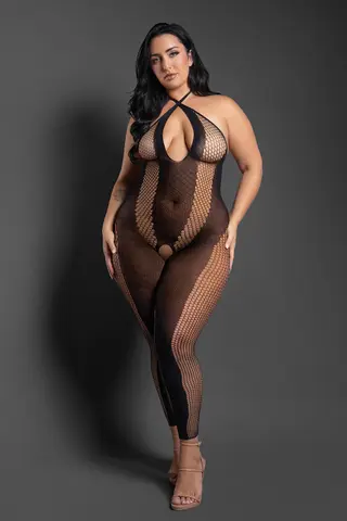 Fantasy Lingerie Sheer Make Your Move Footless Open-Crotch Halter Bodystocking Black Queen Size in Black