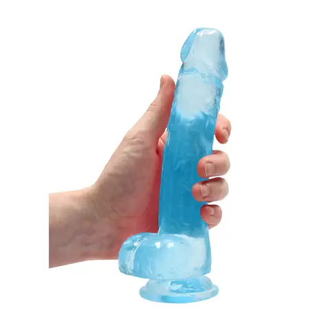 RealRock Crystal Clear Realistic 8 in. Dildo With Balls and Suction Cup in Blue