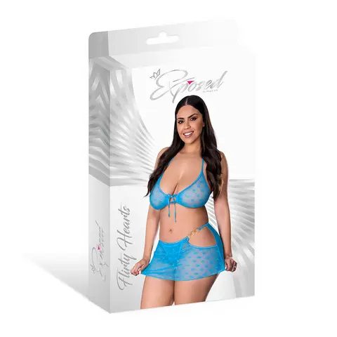 Magic Silk Flirty Hearts Halter Bra, Flutter Skirt & G-String Set Blue Sugar Queen Size