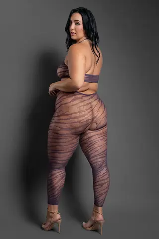 Fantasy Lingerie Sheer Set Me Free Footless Open-Crotch Halter Bodystocking Dark Purple O/S