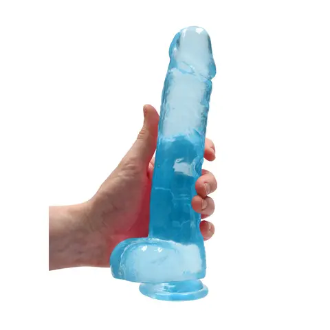RealRock Crystal Clear Realistic 9 in. Dildo With Balls and Suction Cup in Blue