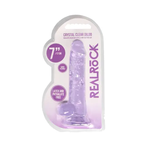 RealRock Crystal Clear Realistic 7 in. Dildo With Balls and Suction Cup in Purple