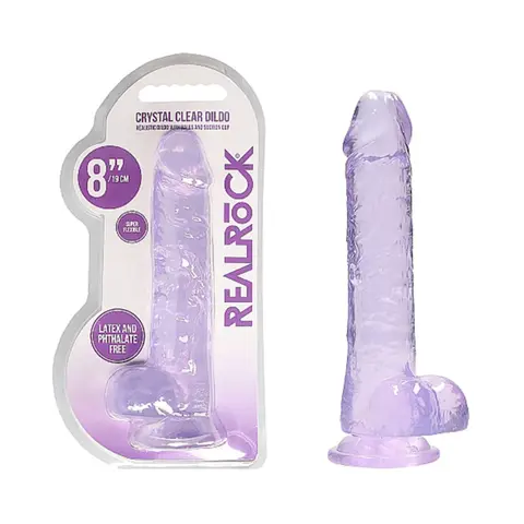 RealRock Crystal Clear Realistic 8 in. Dildo With Balls and Suction Cup in Purple