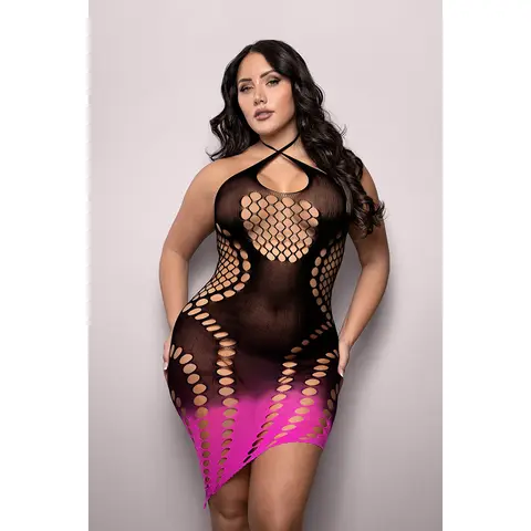 Fantasy Lingerie Vixen Ready Or Not Ombré Knit Asymmetrical Keyhole Halter Dress Black/Pink O/S in Black