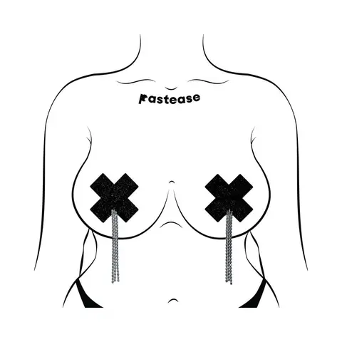 Pastease Tassel Pasties: Black Sparkle Plus X with Long Rhinestone Tassel
