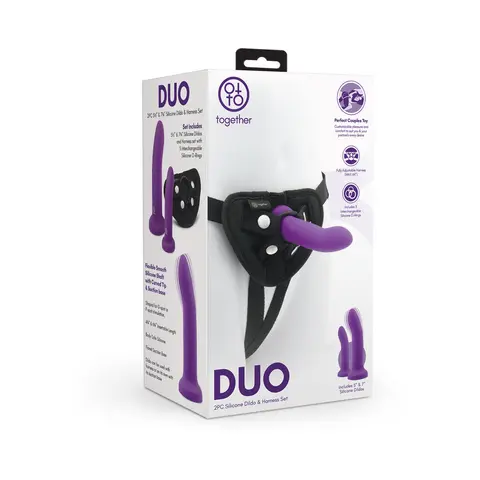 Together Duo Silicone 2-Piece 5.5 in. & 7.75 in. Dildo and Harness Set Purple