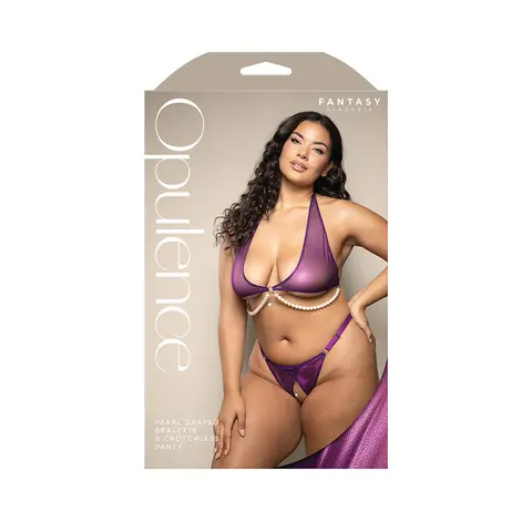 Fantasy Lingerie Opulence Foiled Mesh Halter Bralette with Pearl Underbust & Crotchless Panty M/L