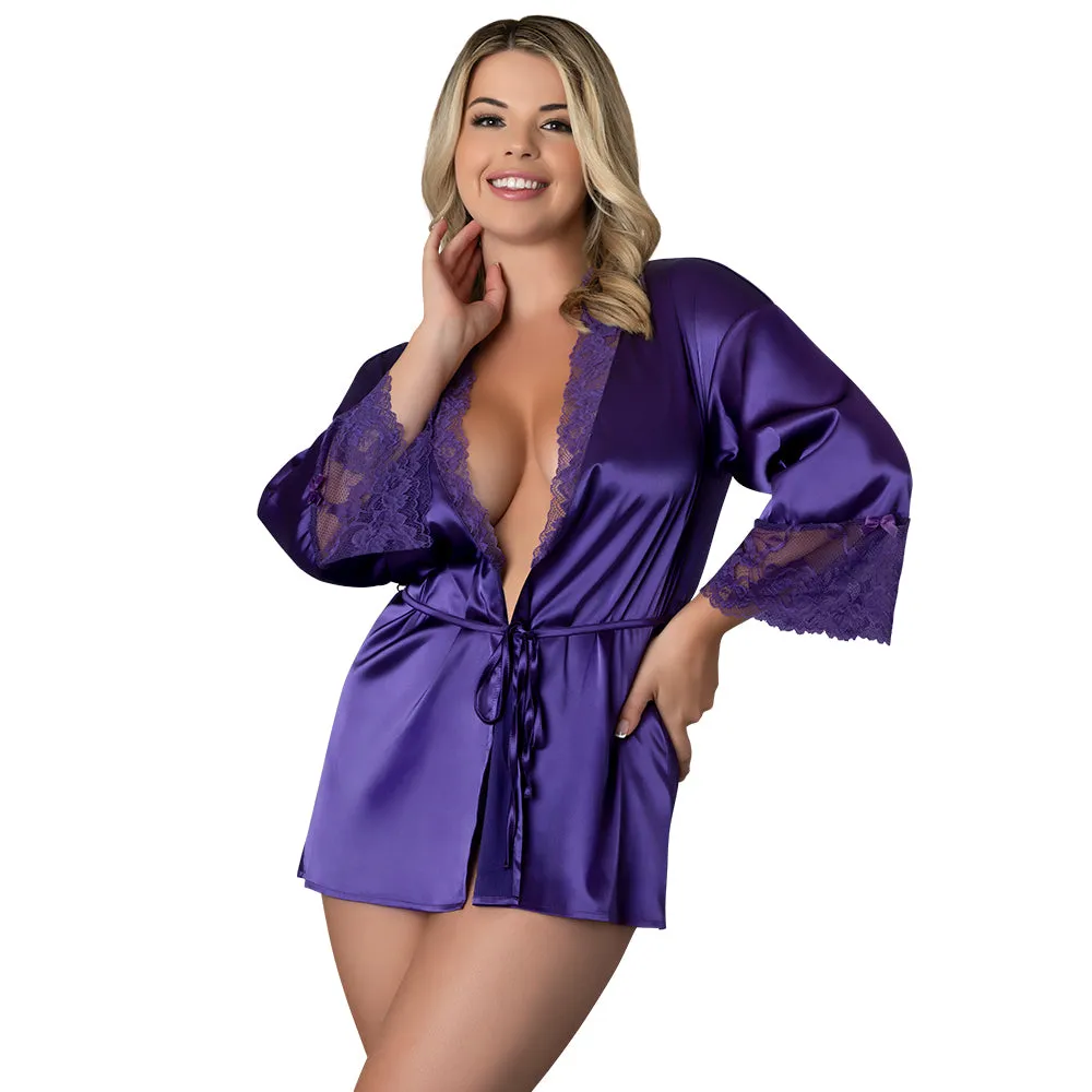Magic Silk Satin Petals Robe Purple Queen Size
