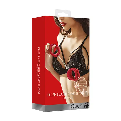 Ouch! Premium Plush Leather Adjustable Wrist Cuffs in Red