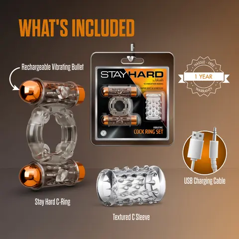 Stay Hard Vibrating Cock Ring Set with Sleeve and 2 Bullets