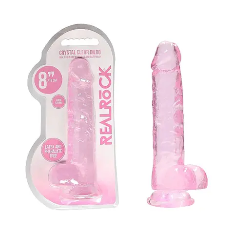 RealRock Crystal Clear Realistic 8 in. Dildo With Balls and Suction Cup in Pink