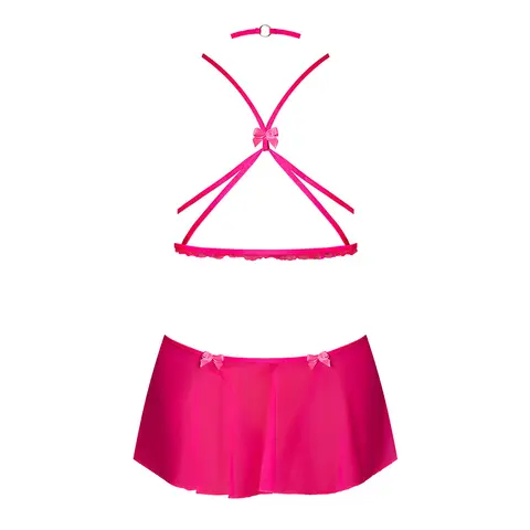 Magic Silk Pink Kink Harness Top, Open Crotch Skirt Panty & Choker Pink Glow L/XL