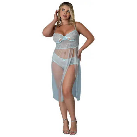 Magic Silk Blue Sky Long Chemise & Boy Short Panty Blue Queen Size