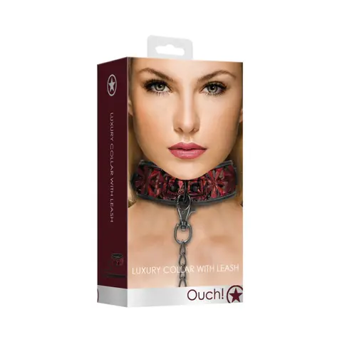 Ouch! Luxury Adjustable Collar With Leash in Burgundy